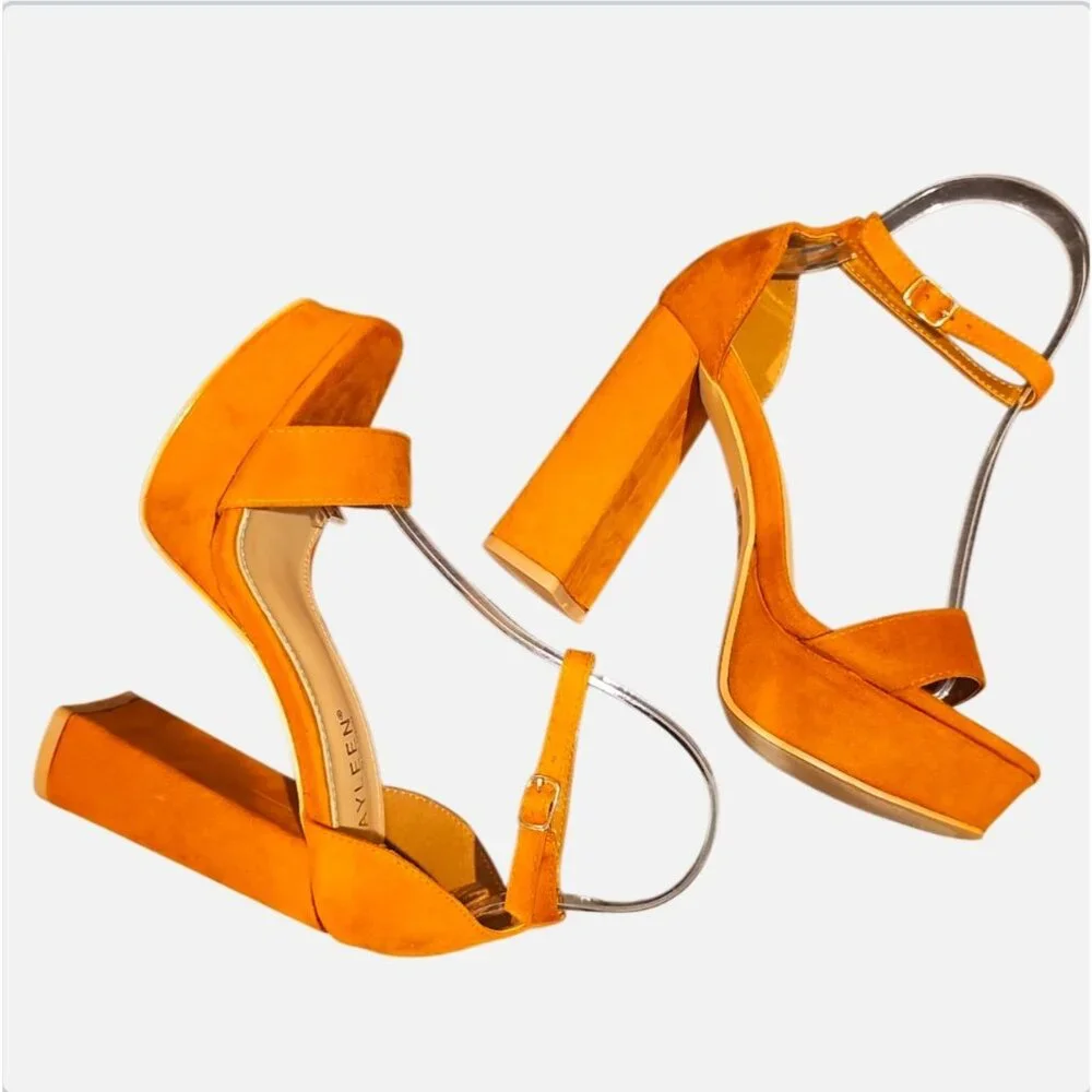 Block Heel Ankle Strap Open Toe Platform Sandals In Vibrant Camel Faux Suede
